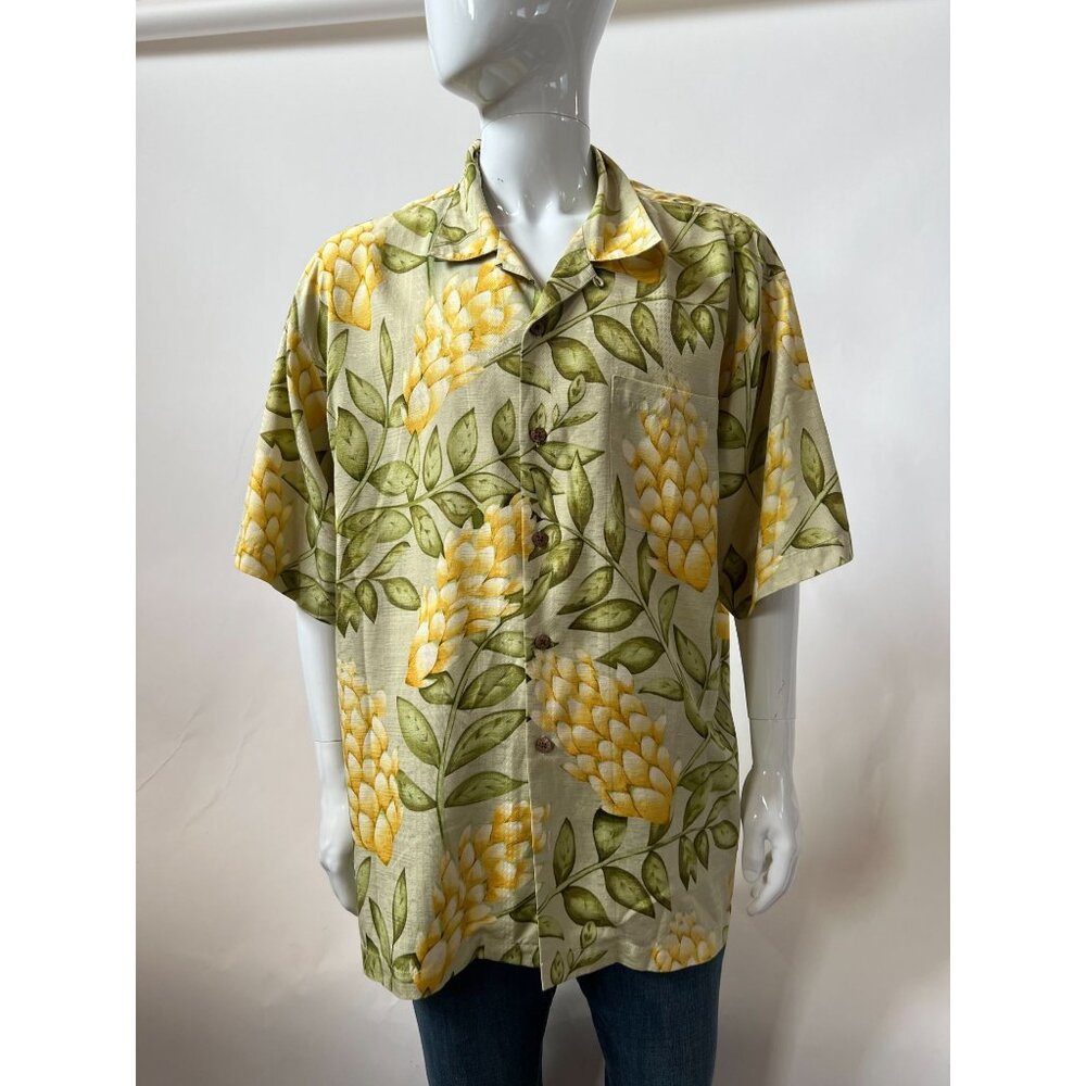 Tommy Bahama Mens XL Hawaiian Shirt Yellow Floral 100% Silk Short Sleeve Button-